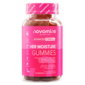 Front of a Novomins Her Moisture Gummies bottle with a pink label and cap, listing hyaluronic acid, aloe vera, marshmallow extract and vitamins D, E and B7, with vegan, gluten free and cruelty free badges. 60 pineapple flavoured gummies.
