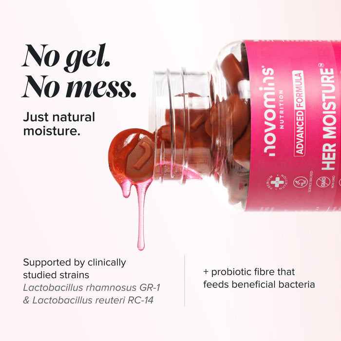 A clear bottle of brown capsules tipped over with pink liquid dripping from the opening, set on a white background. The bottle label reads novomins Nutrition and HER MOISTURE.