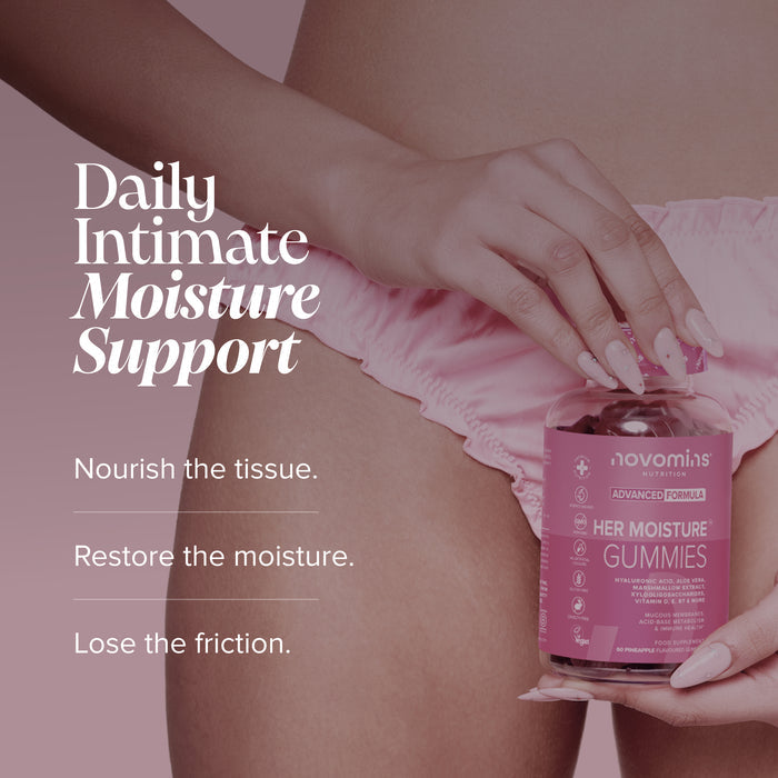 A person in pink underwear holds a bottle of novomins HER MOISTURE GUMMIES against a soft pink background with promotional text.