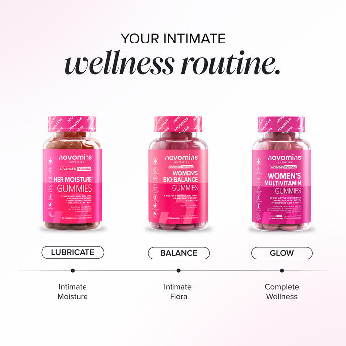 Three Novomins wellness gummy supplement bottles in pink packaging are shown side by side on a light pink background with the headline 'YOUR INTIMATE wellness routine.' and labels beneath: Lubricate, Balance, and Glow.