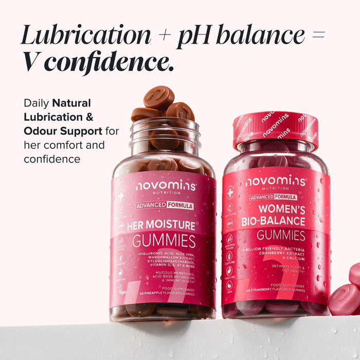Bottles of Novomins Her Moisture Gummies and Women's Bio-Balance Gummies side by side on a wet surface, one open with gummies spilling out, beside the heading 'Lubrication + pH balance = V confidence' and text on daily natural lubrication and odour support.