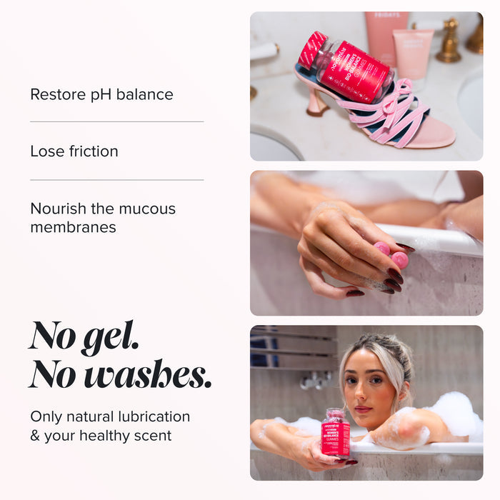 Three photos of a bottle of Novomins Women's Bio-Balance Gummies in a bathroom, on the edge of a bath and held by a woman in a bubble bath, beside the benefits restore pH balance, lose friction and nourish the mucous membranes, and the heading 'No gel. No washes. Only natural lubrication and your healthy scent.'