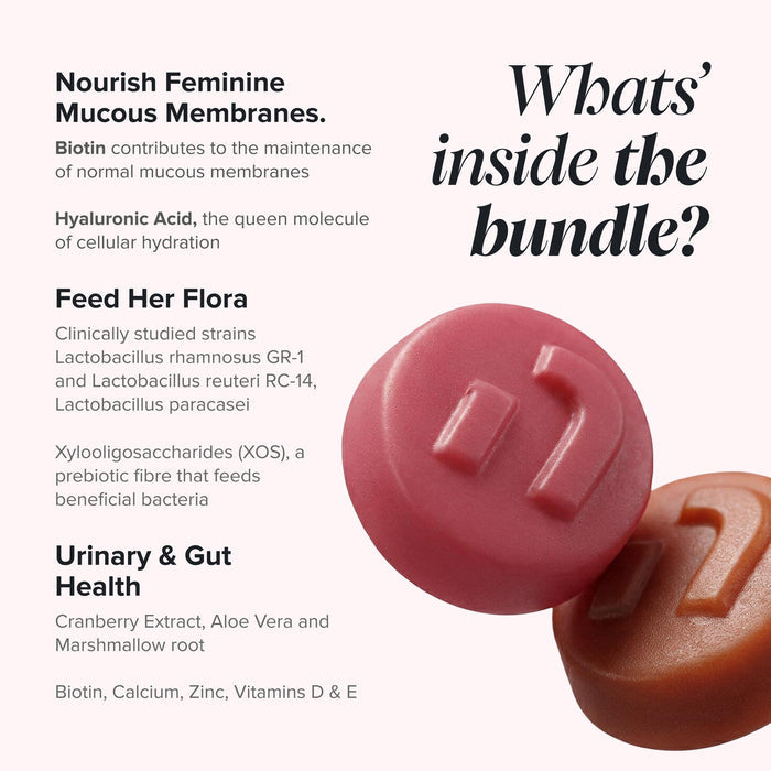 Graphic headed 'What's inside the bundle?' beside two round gummies, one pink and one brown, listing biotin and hyaluronic acid to nourish feminine mucous membranes, clinically studied strains Lactobacillus rhamnosus GR-1, Lactobacillus reuteri RC-14 and Lactobacillus paracasei with xylooligosaccharides as a prebiotic fibre, and cranberry extract, aloe vera and marshmallow root for urinary and gut health.
