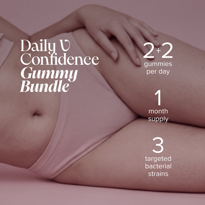 A woman reclining in pink underwear against a pink background, overlaid with the heading 'Daily V Confidence Gummy Bundle' and the figures 2+2 gummies per day, 1 month supply and 3 targeted bacterial strains.