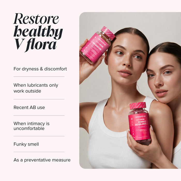 Two women holding bottles of Novomins Her Moisture Gummies and Women's Bio-Balance Gummies, beside the heading 'Restore healthy V flora' and occasions listed as for dryness and discomfort, when lubricants only work outside, recent antibiotic use, when intimacy is uncomfortable, funky smell, and as a preventative measure.