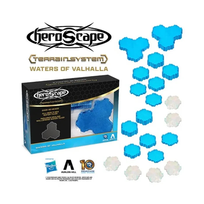 Heroscape: Terrain System - Waters of Valhalla game components featuring blue water hex tiles for creative gaming