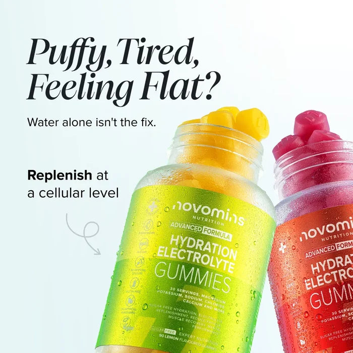 Two bottles of Novomins Hydration Electrolyte Gummies, one green and one red with gummies on top, beside the text 'Puffy, Tired, Feeling Flat? Water alone isn't the fix. Replenish at a cellular level.'