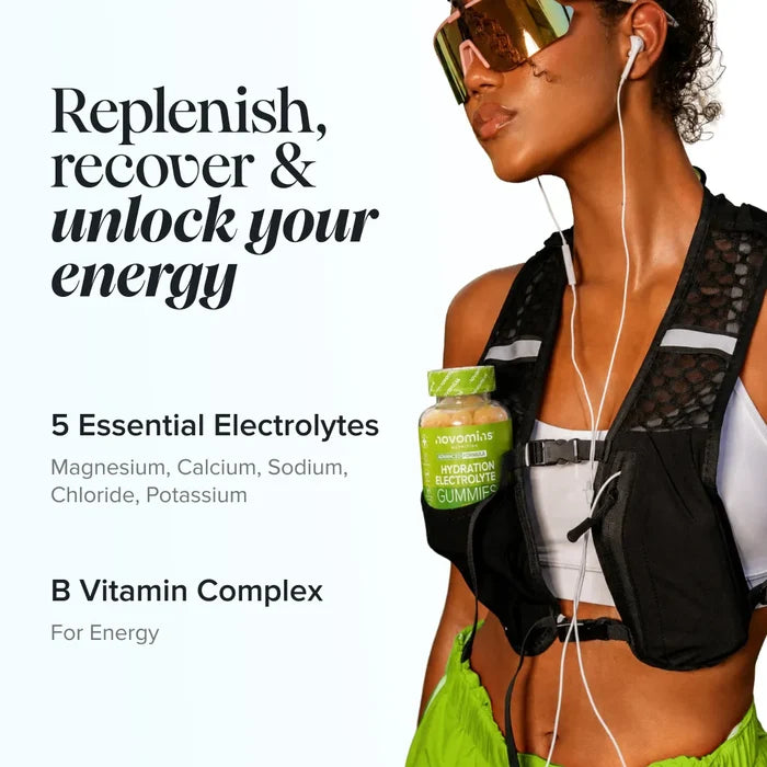 A woman in sportswear and sunglasses with earphones carries a bottle of Novomins Hydration Electrolyte Gummies in her running vest, beside the text 'Replenish, recover & unlock your energy', listing five essential electrolytes - magnesium, calcium, sodium, chloride and potassium - and a B vitamin complex for energy.