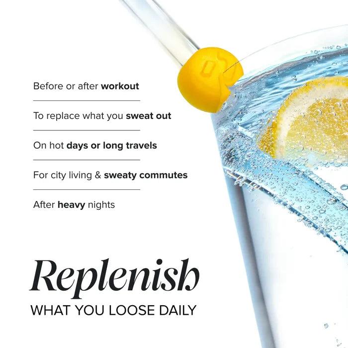 A yellow electrolyte gummy on the rim of a glass of sparkling water with a lemon slice, beside the heading 'Replenish what you loose daily' and occasions listed as before or after workout, to replace what you sweat out, on hot days or long travels, for city living and sweaty commutes, and after heavy nights.