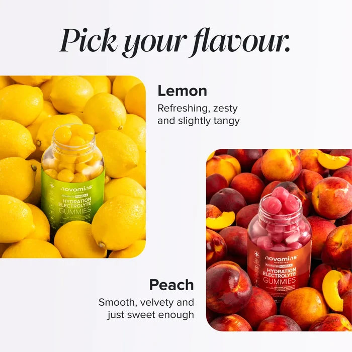 Graphic headed 'Pick your flavour.' showing a green bottle of Hydration Electrolyte Gummies among lemons, described as refreshing, zesty and slightly tangy, and a red bottle among peaches, described as smooth, velvety and just sweet enough.
