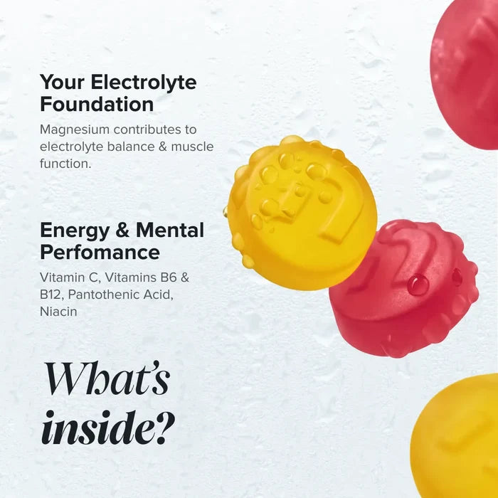 Close-up of yellow and red electrolyte gummies on a wet surface beside the heading 'What's inside?', explaining that magnesium contributes to electrolyte balance and muscle function, and that vitamin C, vitamins B6 and B12, pantothenic acid and niacin support energy and mental performance.