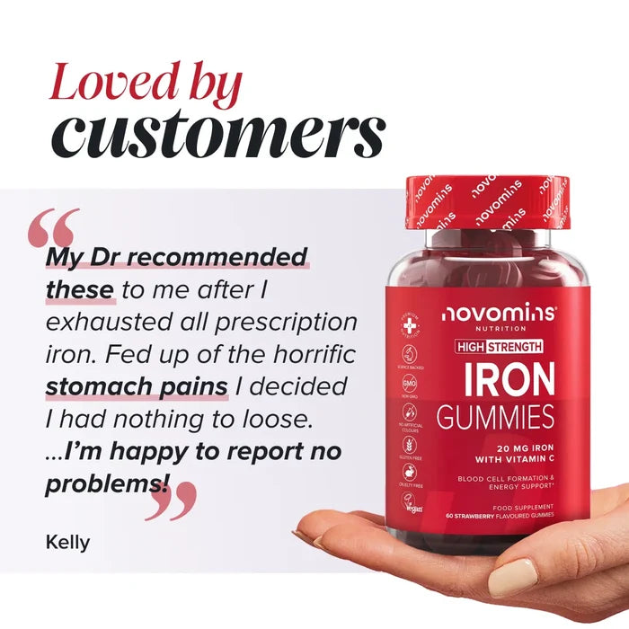 An open hand holds a bottle of Novomins Iron Gummies beside a review from Kelly headed 'Loved by customers': 'My Dr recommended these to me after I exhausted all prescription iron. Fed up of the horrific stomach pains I decided I had nothing to lose. I'm happy to report no problems!'
