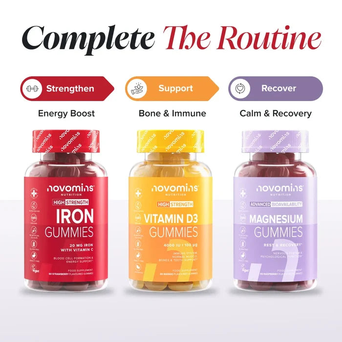 Three bottles headed 'Complete The Routine' - Iron Gummies labelled Strengthen for energy boost, Vitamin D3 Gummies labelled Support for bone and immune, and Magnesium Gummies labelled Recover for calm and recovery.