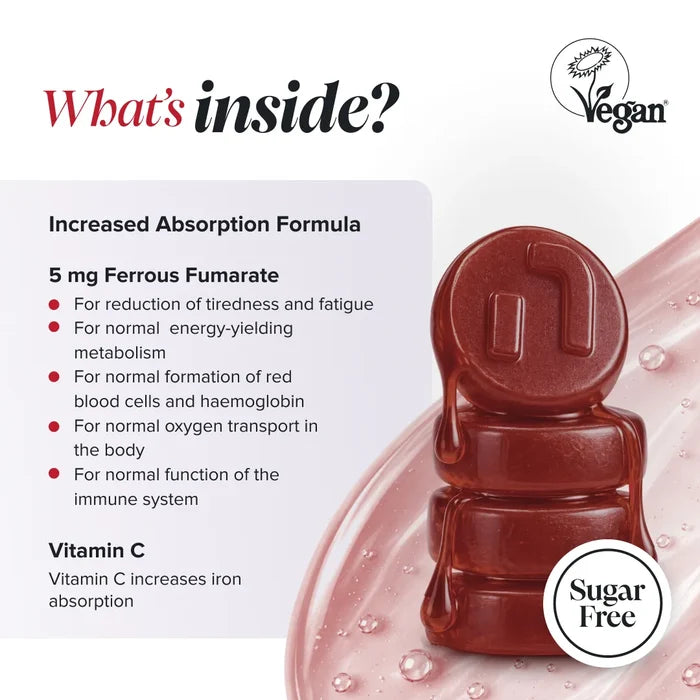 Graphic headed 'What's inside?' with a Vegan Society logo and a sugar free badge, beside a stack of glossy dark red gummies, describing an increased absorption formula with ferrous fumarate for reduction of tiredness and fatigue, normal energy-yielding metabolism, normal formation of red blood cells and haemoglobin, normal oxygen transport and immune function, plus vitamin C to increase iron absorption.