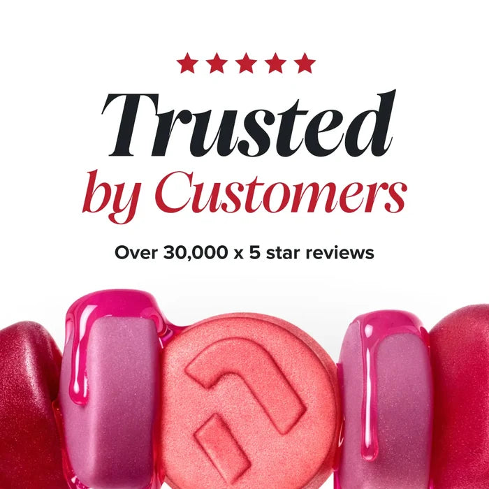 A row of glossy pink and red gummies with dripping syrup, beneath a five star rating and the heading 'Trusted by Customers, over 30,000 x 5 star reviews'.