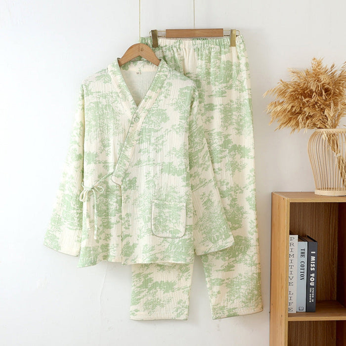 Japanese Kimono Tie Double Gauze Pajama Set / Green - Ever Lasting