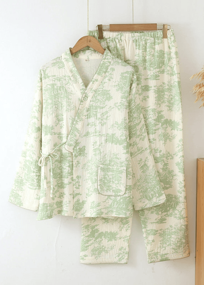- Ever Lasting - Japanese Kimono Tie Double Gauze Pajama Set / Green - Pajamas - Ever Lasting
