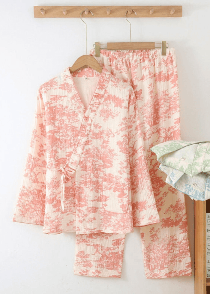 - Ever Lasting - Japanese Kimono Tie Double Gauze Pajama Set / Green - Pajamas - Ever Lasting