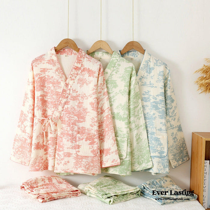 Japanese Kimono Tie Double Gauze Pajama Set / Green - Ever Lasting