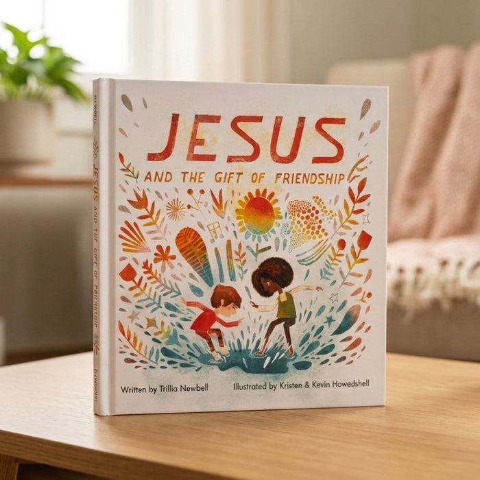 Book titled 'Jesus and the Gift of Friendship' on a wooden table with a blurred indoor background