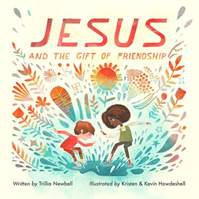 Book cover of 'Jesus and the Gift of Friendship' with two children holding hands and colorful illustrations.