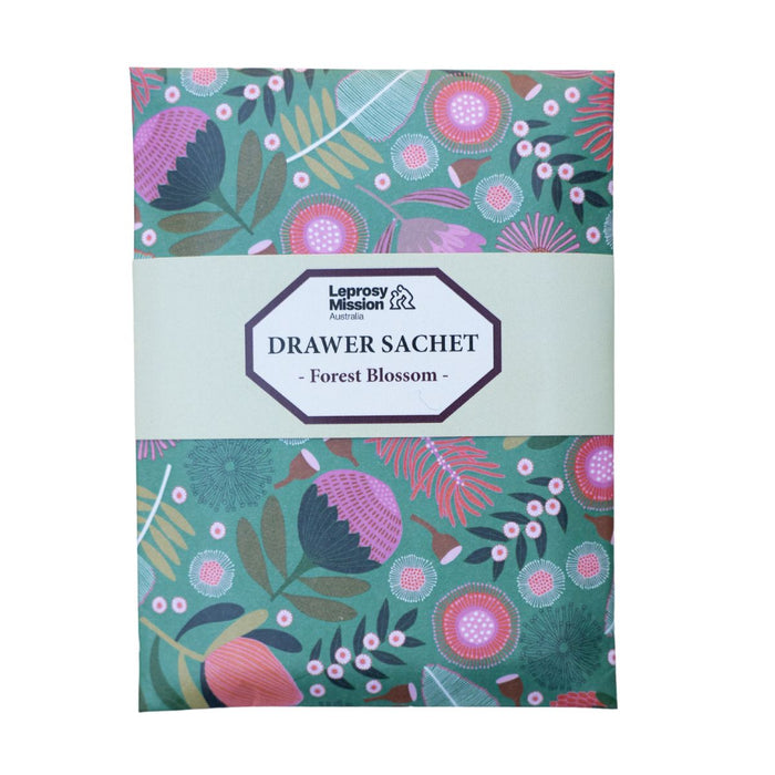 Drawer sachet with floral design and 'Leprosy Mission' branding on a white background
