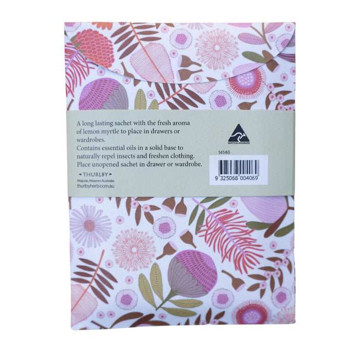 Floral patterned product packaging with text and a barcode on a white background
