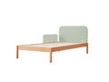 Minimalist bed frame with light timber legs and a light green upholstered headboard and footboard. Simple and modern furniture design.