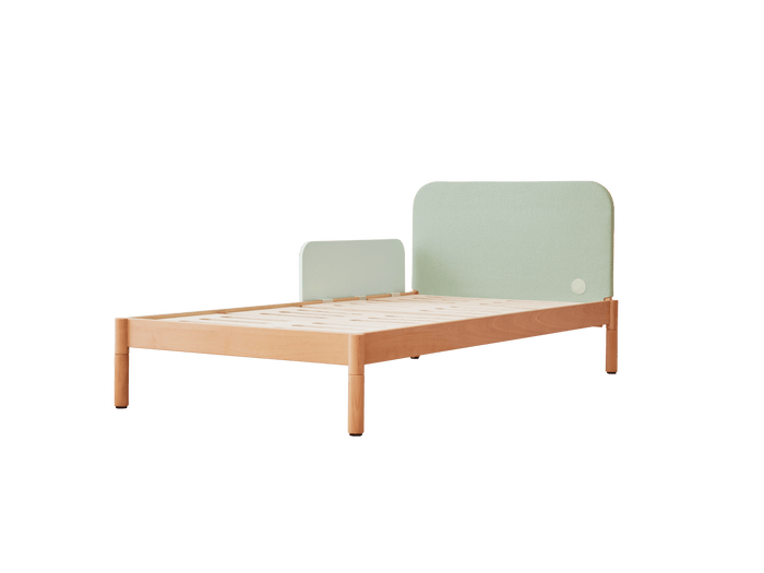 Minimalist bed frame with light timber legs and a light green upholstered headboard and footboard. Simple and modern furniture design.