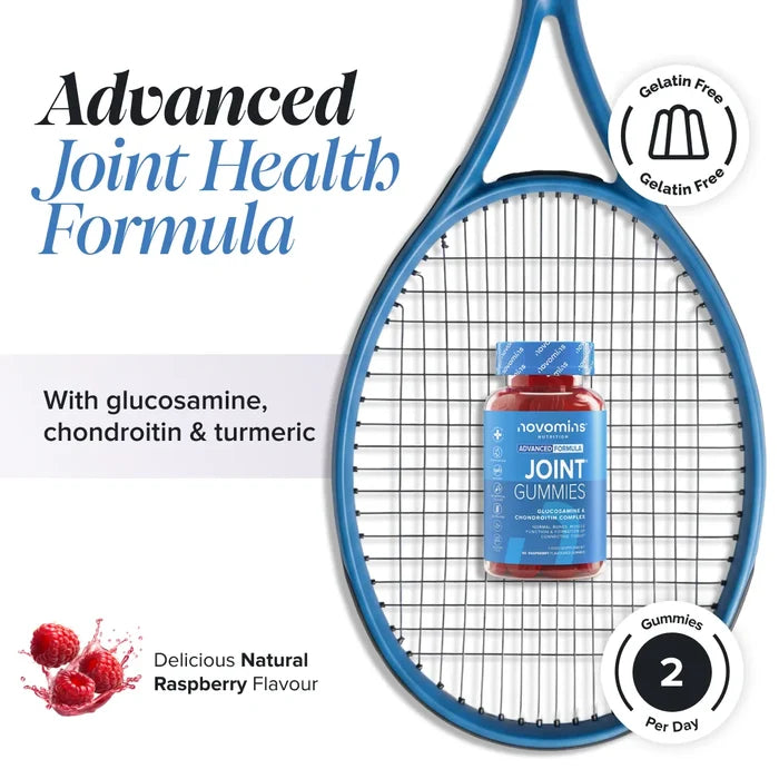 A bottle of Novomins Joint Gummies resting on the strings of a blue tennis racket, headed 'Advanced Joint Health Formula' with glucosamine, chondroitin and turmeric, a gelatin free badge, natural raspberry flavour and two gummies per day.