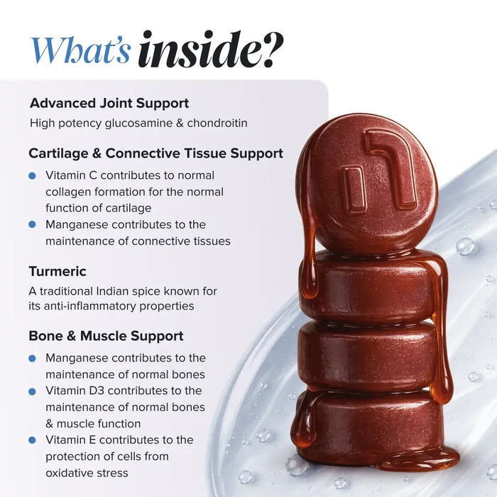 Graphic headed 'What's inside?' beside a stack of glossy brown gummies, listing advanced joint support from high potency glucosamine and chondroitin, cartilage and connective tissue support from vitamin C and manganese, turmeric as a traditional Indian spice known for its anti-inflammatory properties, and bone and muscle support from manganese, vitamin D3 and vitamin E.