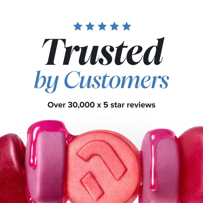 A row of glossy pink and red gummies with dripping syrup, beneath a five star rating and the heading 'Trusted by Customers, over 30,000 x 5 star reviews'.
