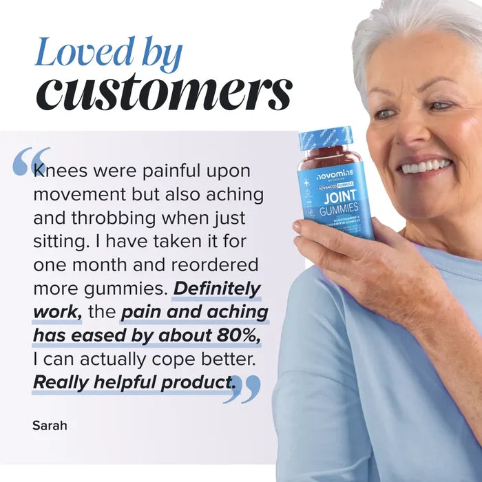 A smiling older woman with white hair holds a bottle of Novomins Joint Gummies beside a review from Sarah headed 'Loved by customers': 'Knees were painful upon movement but also aching and throbbing when just sitting. I have taken it for one month and reordered more gummies. Definitely work, the pain and aching has eased by about 80%, I can actually cope better. Really helpful product.'