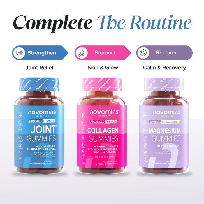 Three bottles headed 'Complete The Routine' - Joint Gummies labelled Strengthen for joint relief, Collagen Gummies labelled Support for skin and glow, and Magnesium Gummies labelled Recover for calm and recovery.