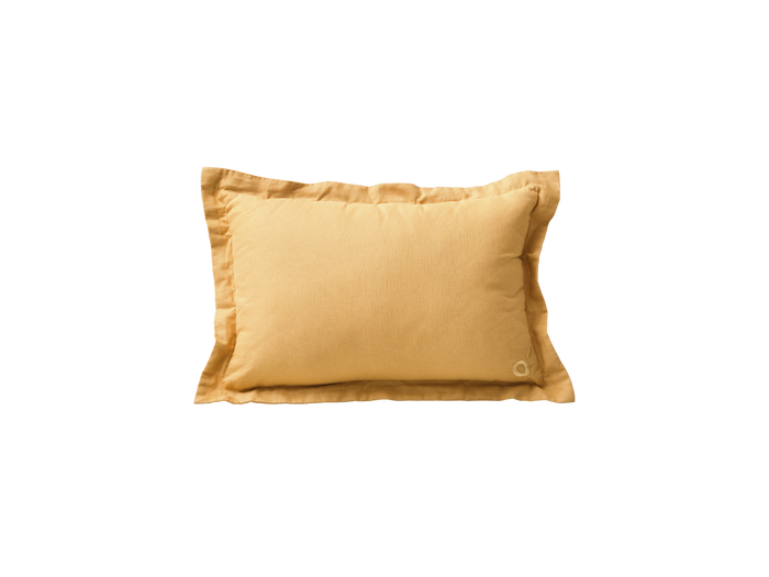 Rectangular mustard pillow with ruffled edges and smooth fabric. Perfect accent cushion for sofas or beds.