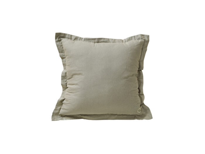 Square beige cushion with ruffled edges, soft fabric texture, isolated on a white background. Perfect for sofas or beds.