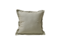 Square beige cushion with ruffled edges, soft fabric texture, isolated on a white background. Perfect for sofas or beds.