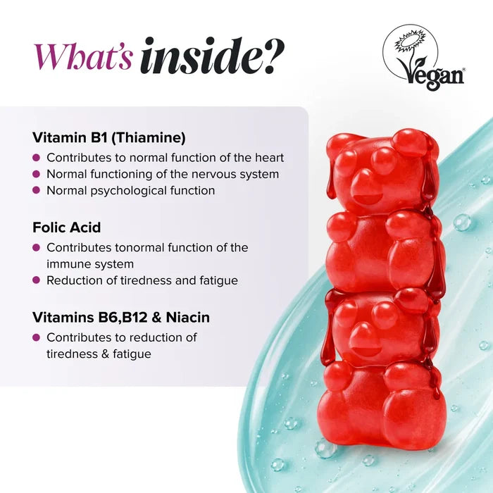 Graphic headed 'What's inside?' with a Vegan Society logo, beside a stack of red gummy bears, listing vitamin B1 thiamine for normal heart, nervous system and psychological function, folic acid for normal immune system function and reduction of tiredness and fatigue, and vitamins B6, B12 and niacin for reduction of tiredness and fatigue.