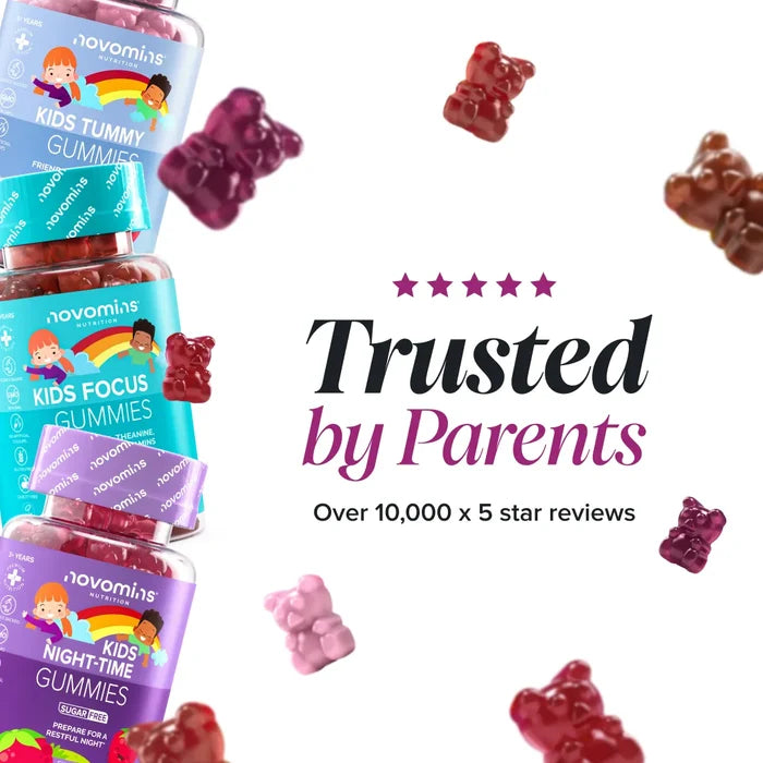 Three bottles of Novomins kids gummies - Kids Tummy, Kids Focus and Kids Night-Time - stacked on the left among scattered gummy bears, beside a five star rating and the text 'Trusted by Parents, over 10,000 x 5 star reviews'.
