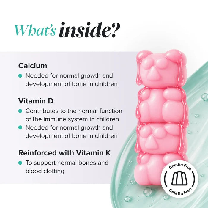 Graphic headed 'What's inside?' beside a stack of glossy pink gummy bears, listing calcium for normal growth and bone development in children, vitamin D for immune function and bone development, and reinforcement with vitamin K to support normal bones and blood clotting, with a gelatin free badge.