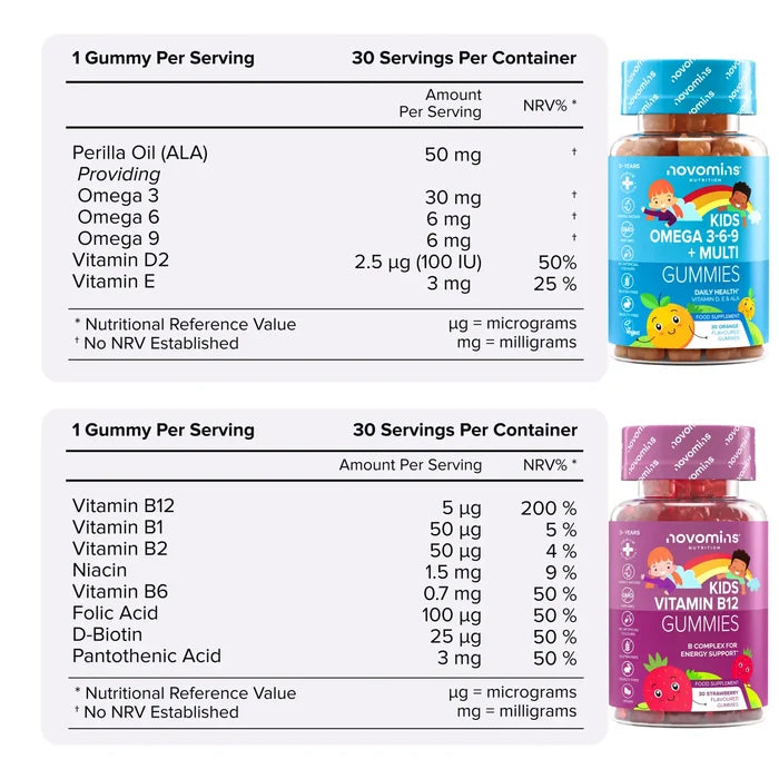 Two nutritional information tables with their bottles. Kids Omega 3-6-9 + Multi Gummies: one gummy per serving, 30 servings, perilla oil 50 mg providing omega 3, 6 and 9, vitamin D2 and vitamin E. Kids Vitamin B12 Gummies: one gummy per serving, 30 servings, vitamin B12 5 micrograms with B1, B2, niacin, B6, folic acid, biotin and pantothenic acid.