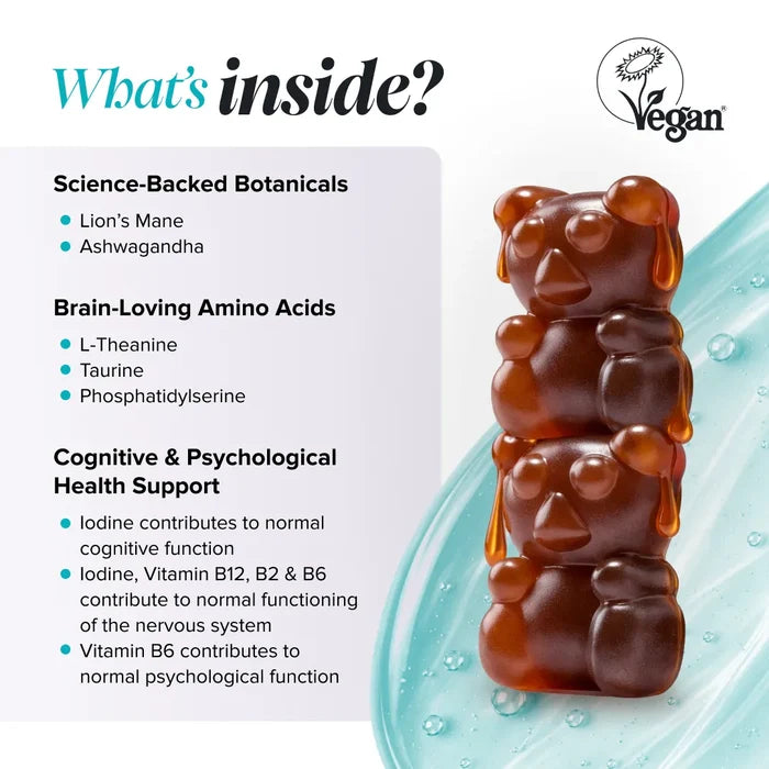 Graphic headed 'What's inside?' beside a stack of glossy brown gummy bears, listing science-backed botanicals lion's mane and ashwagandha, brain-loving amino acids L-theanine, taurine and phosphatidylserine, and cognitive and psychological health support from iodine, vitamin B12, B2 and B6, with a vegan logo.