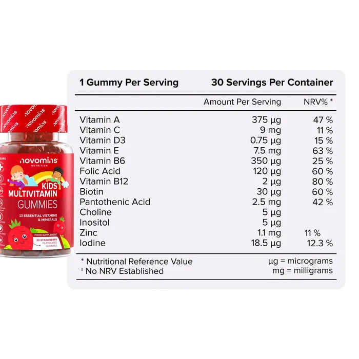 Nutritional information table for Kids Multivitamin Gummies beside its bottle, showing one gummy per serving and 30 servings per container with vitamins A, C, D3, E, B6, folic acid, B12, biotin, pantothenic acid, choline, inositol, zinc and iodine.