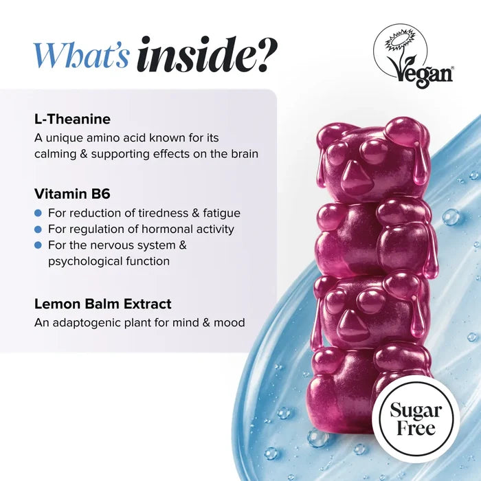 Graphic headed 'What's inside?' beside a stack of purple gummy bears, listing L-theanine as an amino acid known for its calming effects on the brain, vitamin B6 for reduction of tiredness, regulation of hormonal activity and nervous system function, and lemon balm extract as an adaptogenic plant for mind and mood, with vegan and sugar free badges.