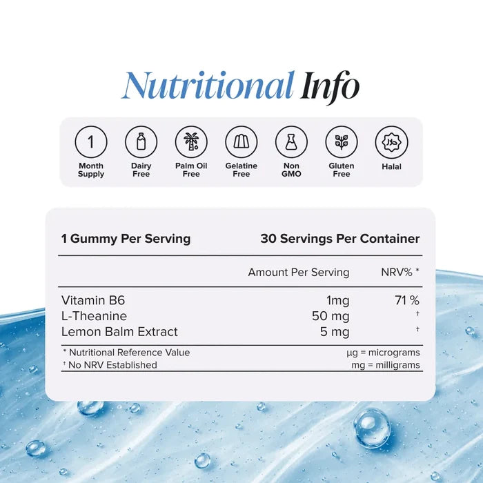 Nutritional information panel for Kids L-Theanine Gummies showing one gummy per serving and 30 servings per container, with vitamin B6 1 mg, L-theanine 50 mg and lemon balm extract 5 mg, plus badges for one month supply, dairy free, palm oil free, gelatine free, non GMO, gluten free and halal.
