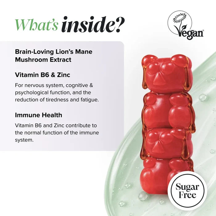 Graphic headed 'What's inside?' with a Vegan Society logo and a sugar free badge, beside a stack of glossy red gummy bears, listing brain-loving lion's mane mushroom extract, vitamin B6 and zinc for nervous system, cognitive and psychological function and reduction of tiredness and fatigue, and immune health support from vitamin B6 and zinc.
