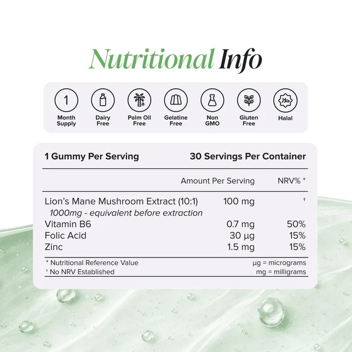 Nutritional information panel for Kids Lion's Mane Gummies showing one gummy per serving and 30 servings per container, with lion's mane mushroom extract at 10 to 1 concentration providing 100 mg, equivalent to 1000 mg before extraction, vitamin B6 0.7 mg, folic acid 30 micrograms and zinc 1.5 mg, plus badges for one month supply, dairy free, palm oil free, gelatine free, non GMO, gluten free and halal.