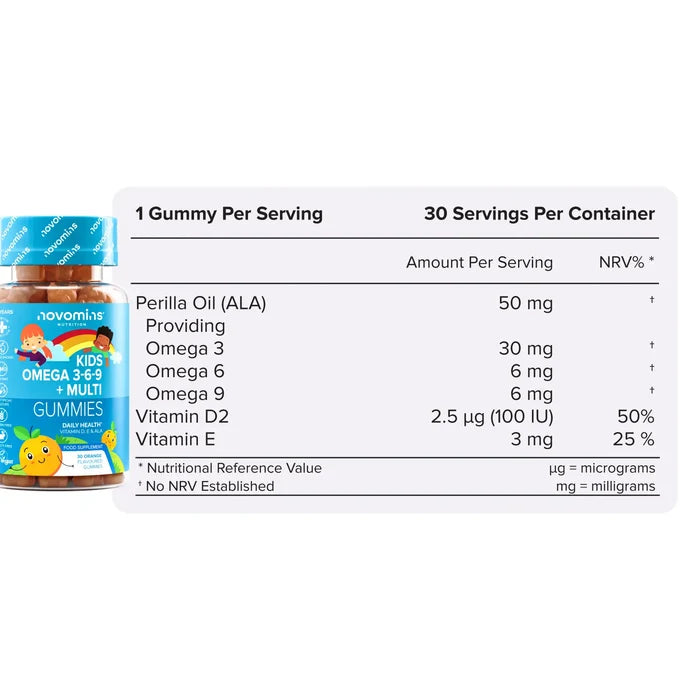 Nutritional information table for Kids Omega 3-6-9 + Multi Gummies beside its bottle, showing one gummy per serving and 30 servings per container with perilla oil 50 mg providing omega 3 at 30 mg, omega 6 and omega 9 at 6 mg each, vitamin D2 and vitamin E.