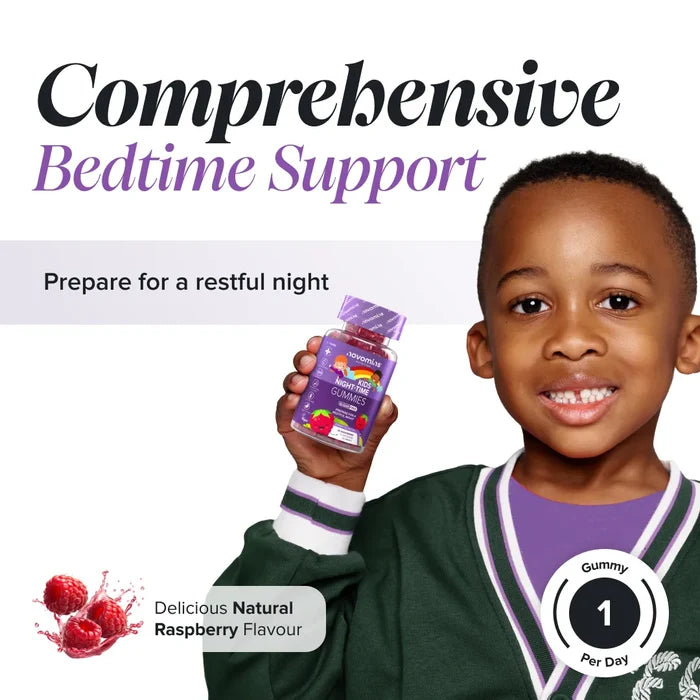 A smiling boy in a green cardigan holds a bottle of Novomins Kids Night-Time Gummies, headed 'Comprehensive Bedtime Support, prepare for a restful night', in a natural raspberry flavour with one gummy per day.
