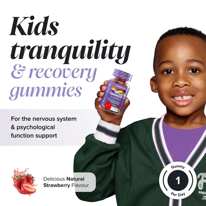 A smiling boy in a green cardigan holds a bottle of Novomins Kids Magnesium Gummies, headed 'Kids tranquility & recovery gummies for the nervous system & psychological function support', in a natural strawberry flavour with one gummy per day.